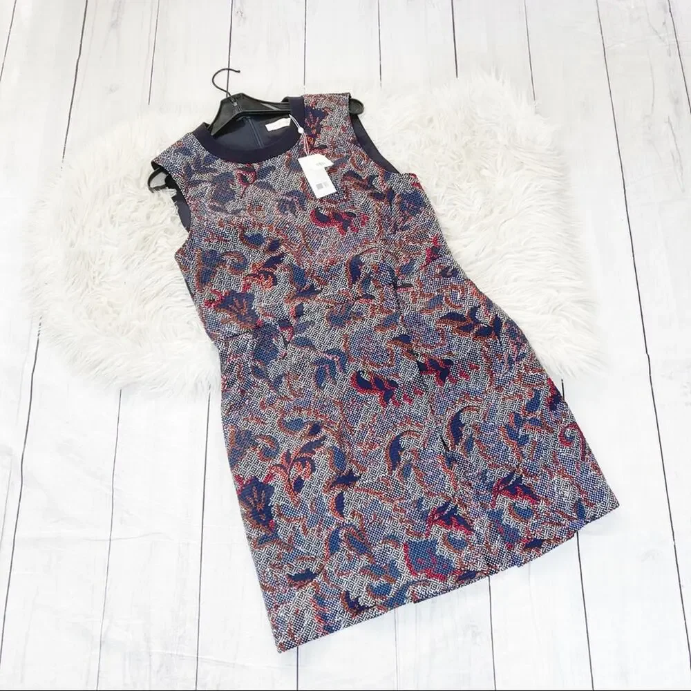 Tory Burch‎ Navy Blue Dalia Pixilated Print Brocade Cut Out Pencil Dress 14 NEW